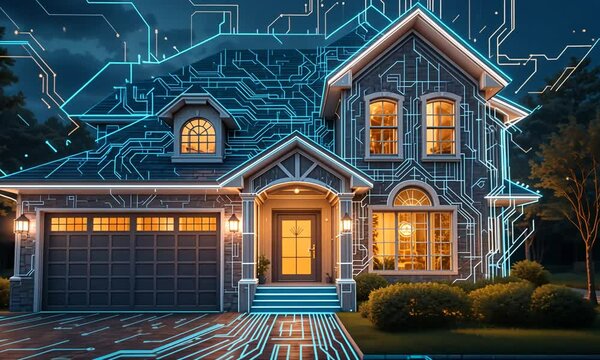High-tech smart house with glowing circuit pattern facade and warm lighting in front yard at night. Concept of futuristic home automation and digital connectivity