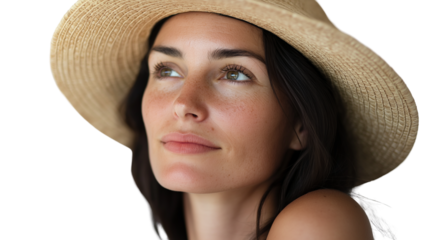 Woman in her 30s with natural makeup and straw visor, radiating peaceful vacation vibe, studio shot, clean white background