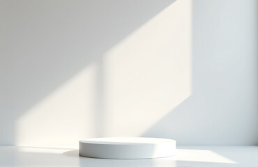 Fototapeta premium Geometric Light Shines On Empty Space, Showcasing A Modern Pedestal Stand With Object And Clean White Background In 3d Render.