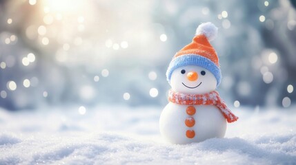Fototapeta premium Charming Snowman with Blue Hat and Orange Scarf in Winter Wonderland