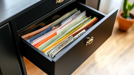 Office cabinet drawer with colorful documents, financial papers and cash