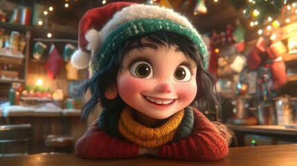 Cheerful Animated Character with Christmas Hat and Warm Smile