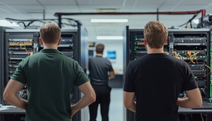 It professionals in masks covering tech servers data center teamwork modern office rear view collaboration