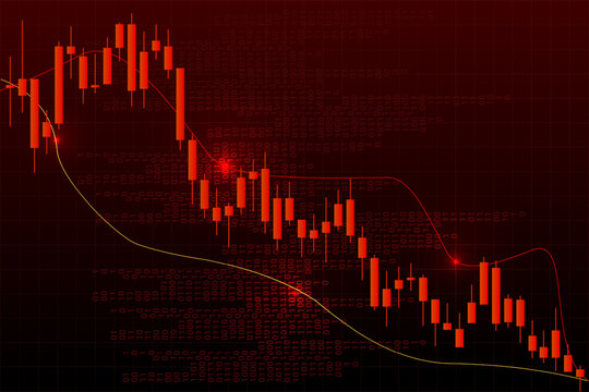 Glowing candlestick chart showing long red trend downward, reflecting tech crisis and deflation. Vector illustration. Concept of recession, layoffs, devaluation, inflation, depression.