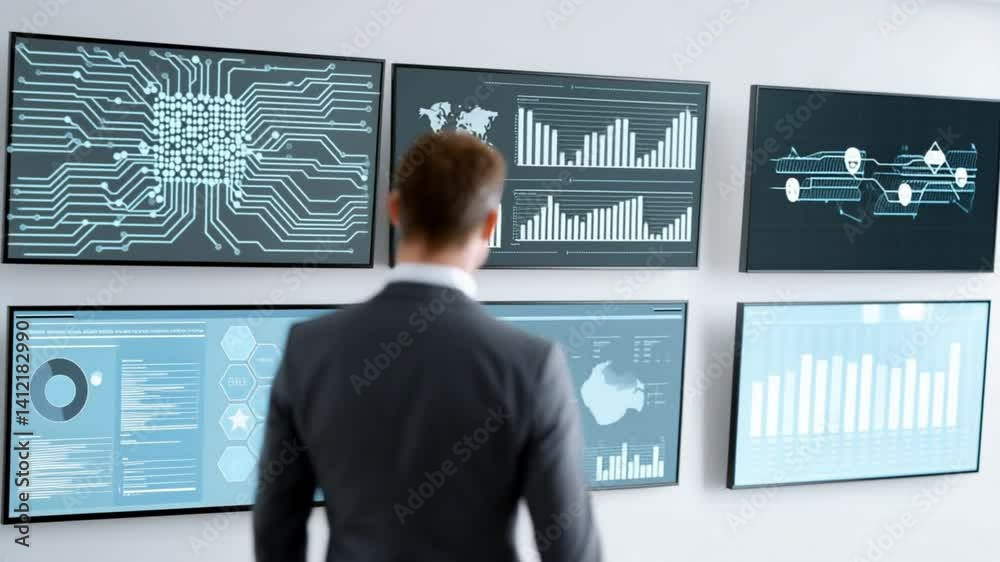 Poster analyzing data: a professional in a suit stands before multiple screens displaying intricate charts 