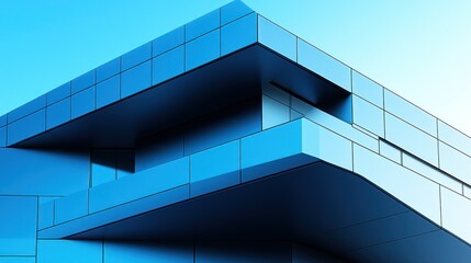 Fototapeta premium Modern architectural facade, vibrant blue tones, geometric shapes, and a balcony