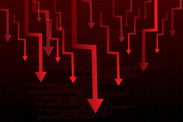Multiple red arrows crashing vertically over digital grid, showing synchronized collapse and layoffs. Vector illustration. Concept of stock crash, volatility, recession, panic, crisis.