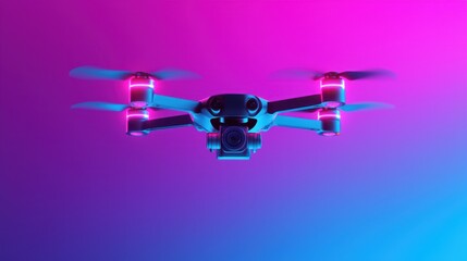 A high-tech drone with flashing LED lights floats mid-air against a vibrant purple and blue gradient.