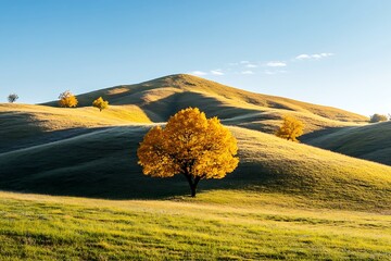 Enchanting Autumn Landscape with Gently Sloping Hills and Colorful Trees.