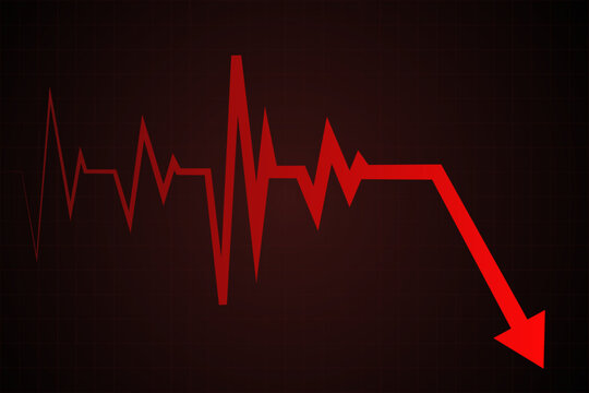 Heartbeat line morphs into falling red arrow on dark grid, showing sudden economic flatline. Vector illustration. Concept of downturn, crisis mode, emergency slowdown, collapse, instability.