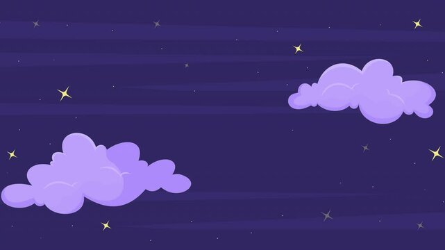 Dreamy starry night sky with purple clouds 2D cartoon animation. LoFi cozy vibes. Twinkling stars in moonless midnight skyscape animated flat backdrop 4K video background scene storytelling