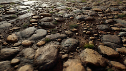 Obraz premium Stone pebble path ground level view sunlight reflection rocks walkway texture