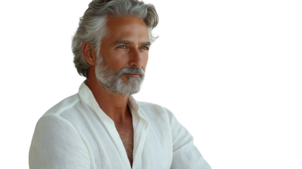 Fit older gentleman with grey hair and linen shirt, beach-ready elegance, high-end look, white backdrop 
