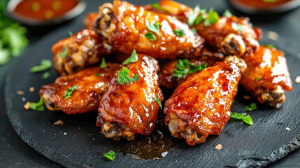 Close-up of golden crispy fried chicken wings with a glossy honey glaze and sprinkled parsley on a dark slate plate
