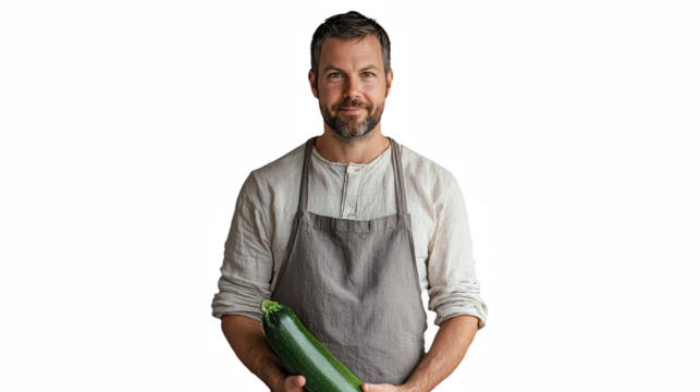 a man in an apron holds a green zucchini in his hands on a transparent background, PNG image, PNG file, Generative art.