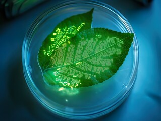 Obraz premium Two green leaves in a petri dish display intricate glowing green digital circuit patterns across their surfaces, symbolizing the fusion of nature and advanced information technology.