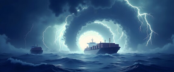 Fototapeta premium Trade war tension and tariffs trigger global economic crisis, impacting markets and inflation. Intense Storm with Cargo Ships Facing Trade Challenges at Sea