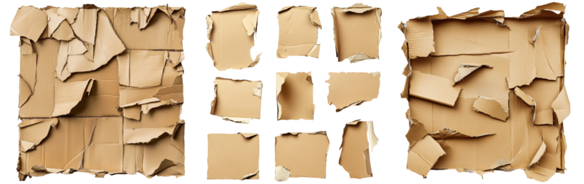 A Detailed Exploration of Textured Cardboard in Various Arrangements, Showcasing Patterns of Wear, Tearing, and Natural Light Interplay