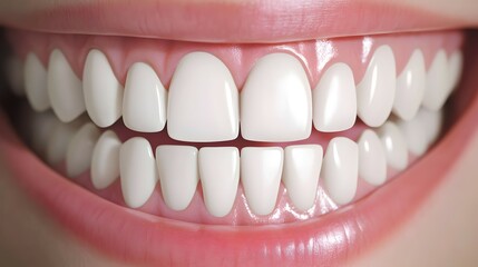 Obraz premium Close-up of a smiling mouth showing healthy white teeth and pink gums.