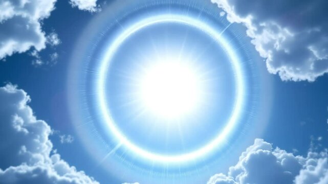 Photorealistic sun halo with tangent arcs, circular sun halo with bright upper tangent arc and parhelic circle, detailed ice crystal refraction pattern, sky