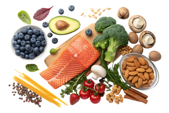 A vibrant array of healthy foods, showcasing salmon, broccoli, blueberries, and almonds, bursting with freshness and nutrition against a clean white background.