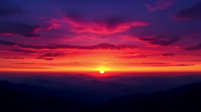 Flaming sun sets low with vibrant sky, fiery sunset colors reflect a breathtaking horizon, atmospheric landscape, looking at nature &ndash; concept: wellness, travel, media,  stories , summer illustration