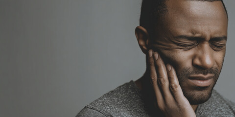 Close-up of a man's face, hand touching cheek, eyes closed, conveying sadness or pain.  Image represents emotion, mental health, or discomfort. Free space for text.