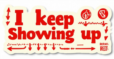 Bold red text proclaims I keep Showing up. Arrows, squiggles, recycling symbol, plus sign surround message. Bottom right corner displays repeat rest. Quirky, motivational design.