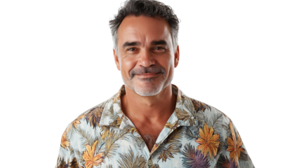 Middle-aged man with a relaxed expression, wearing a Hawaiian shirt, casual summer aesthetic, png