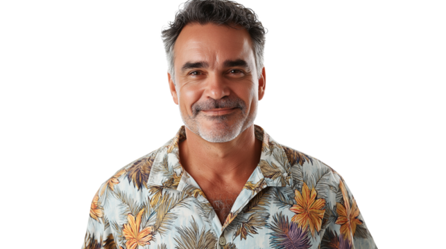 Middle-aged man with a relaxed expression, wearing a Hawaiian shirt, casual summer aesthetic, png - Powered by Adobe