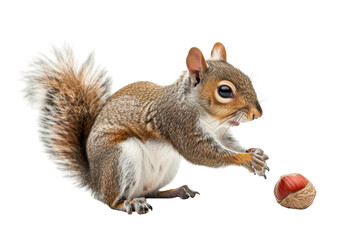 Obraz premium Curious squirrel playfully approaches a hazelnut on a bright white background isolated on transparent background