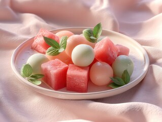 Refreshing watermelon cubes and melon balls displayed on a soft fabric backdrop