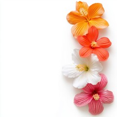 Naklejka premium A vertical arrangement of vibrant orange, red, white, and pink hibiscus flowers elegantly positioned against a clean white background creating a visually appealing floral design.