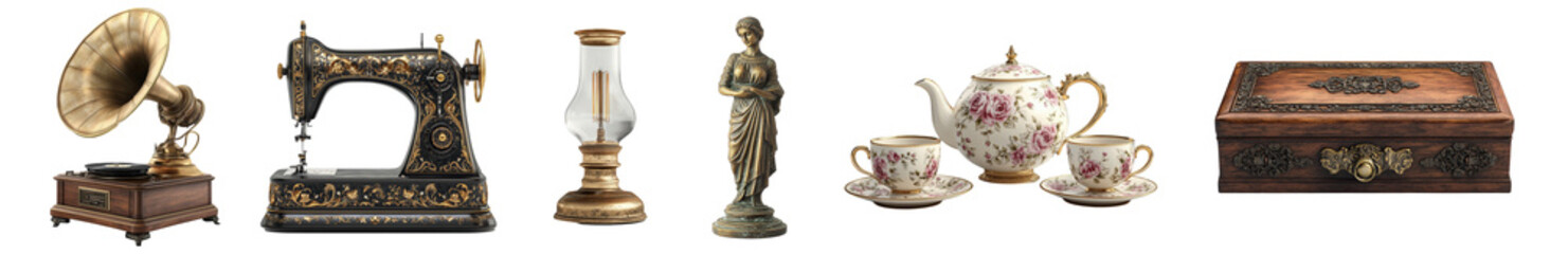 Fototapeta premium A Collection of Vintage Antiques Featuring a Gramophone, Sewing Machine, Decorative Lamp, Elegant Teapot Set, and Ornate Jewelry Box Preserving History in Each Piece