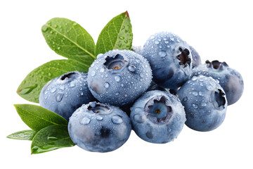 Fototapeta premium Juicy blueberries glistening with morning dew, nestled amongst vibrant green leaves, a burst of freshness.