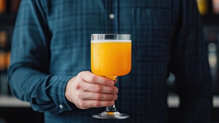 cocktail mixology minimalist concept. A person holding a glass of orange drink in a cozy bar setting.