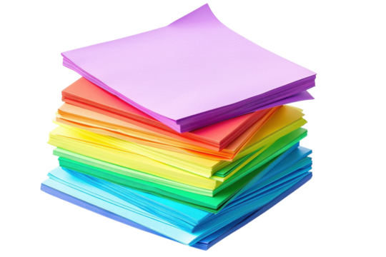 Stacked vibrant paper in a rainbow gradient creating a cheerful and creative atmosphere isolated on transparent background