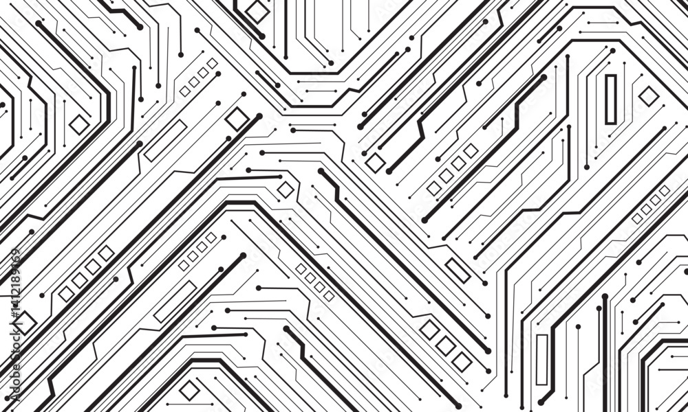 Poster Abstract black circuit board technology connected lines electronics elements computer motherboard chip processor semiconductor digital on white background vector