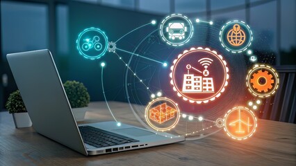 Fototapeta premium Glowing icons representing digital supply chain and data exchange swirl in front of a laptop.
