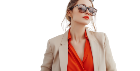 Confident businesswoman with a summer twist, wearing a lightweight blazer over a bright blouse, sunglasses on head, white background,