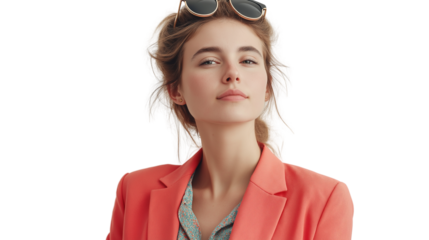 Confident businesswoman with a summer twist, wearing a lightweight blazer over a bright blouse, sunglasses on head, white background,