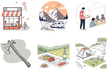 Fototapeta premium Camping Adventure. A Bundle of Serenity and Northern Lights Collection Illustrations