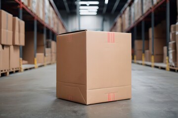 Fototapeta premium A big parcel box in a blurred industrial warehouse background with copy space. Logistic concept.