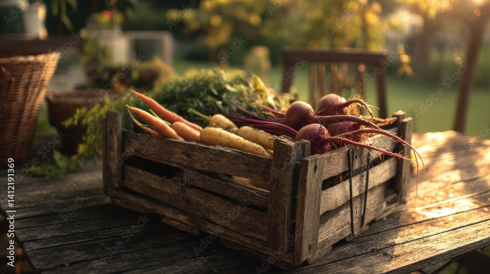 Poster rustic wooden crate overflowing with fresh organic carrots and beets on weathered table in golden su