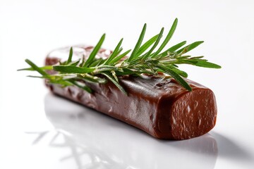 Gourmet chocolate bar with fresh green rosemary branch exquisite dessert on pristine white background studio shot