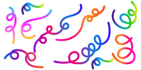 Abstract Color Rainbow Gradient Shapes Set. Vector Graphic with Wavy Lines in Bright Colors. Colorful Fluid Wave Pattern. Squiggly Design Elements.