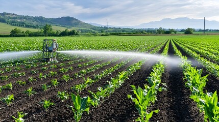 Obraz premium Lush green field with rows of crops being irrigated by a sprinkler system surrounded by a picturesque rural landscape