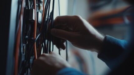 Electrician connecting power cables to a junction box in an office. Featuring efficiency and care