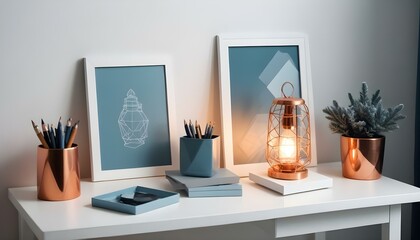 White frame mockup with a lamp and workspace accessories on a white table. Portrait orientation.