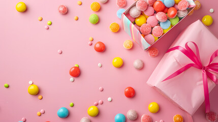 Professional composition of colorful confectionery and present package on decorative pin